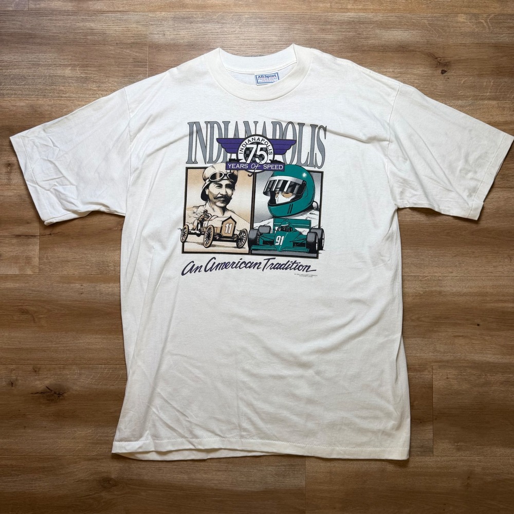 Vintage All Sport Indianapolis 75 Years of Speed T-Shirt Mens XL White 1991 USA